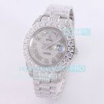 Fully Iced Out Rolex Replica Day Date Watch Silver Diamonds